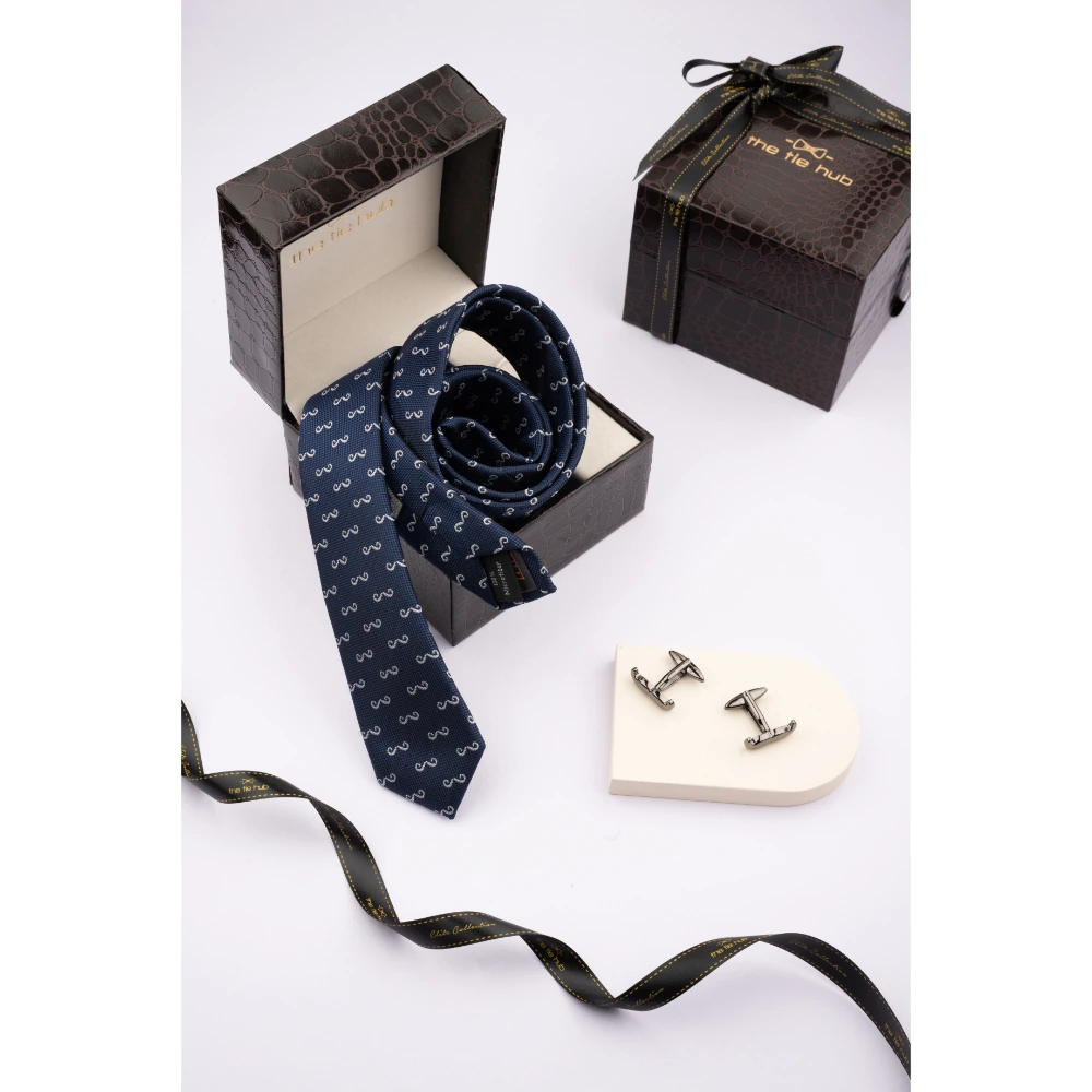 Blue Moustache Necktie with Cufflink Combo Set for Men