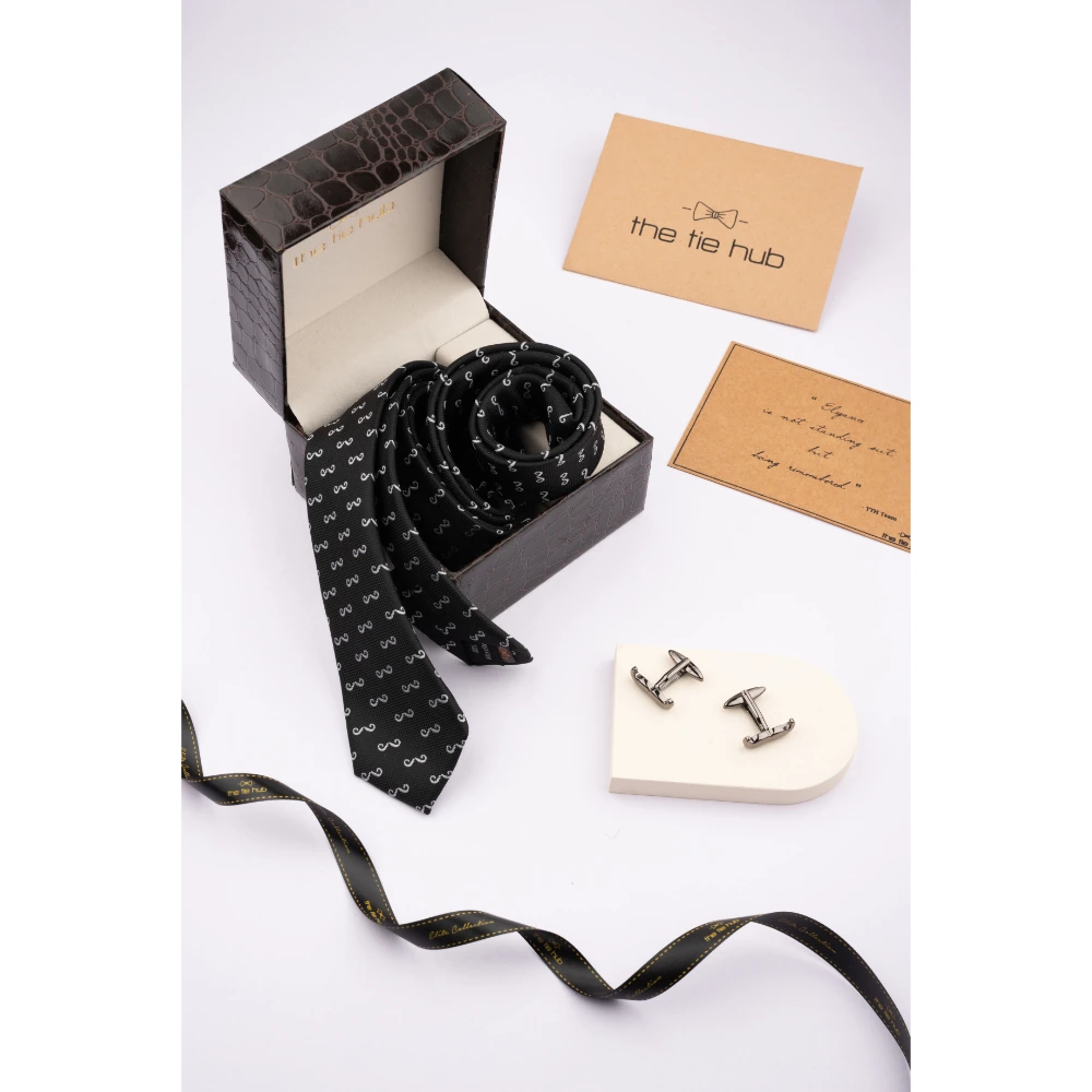 Black Slim Moustache Necktie with Cufflink Combo Set for Men