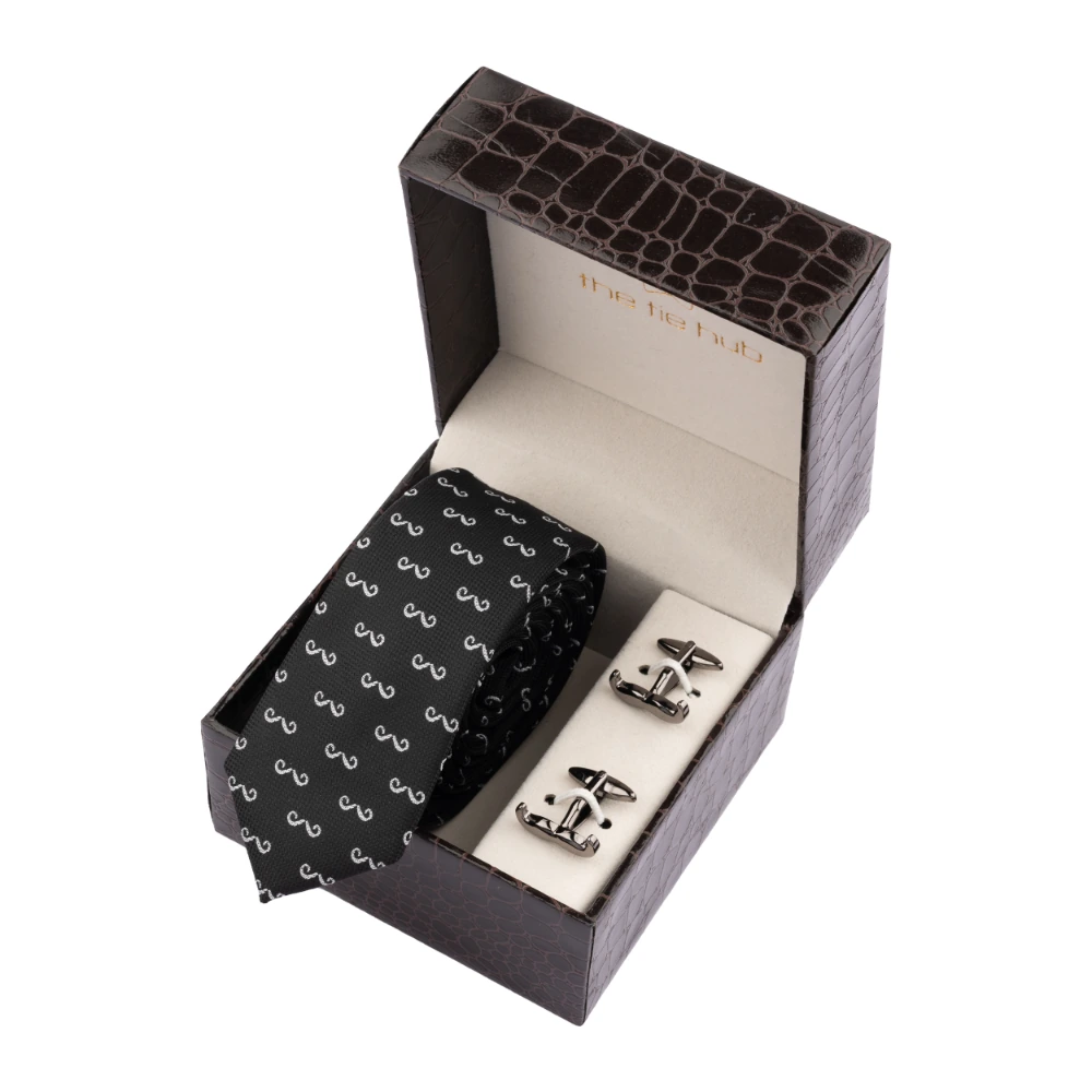 Black Slim Moustache Necktie with Cufflink Combo Set for Men