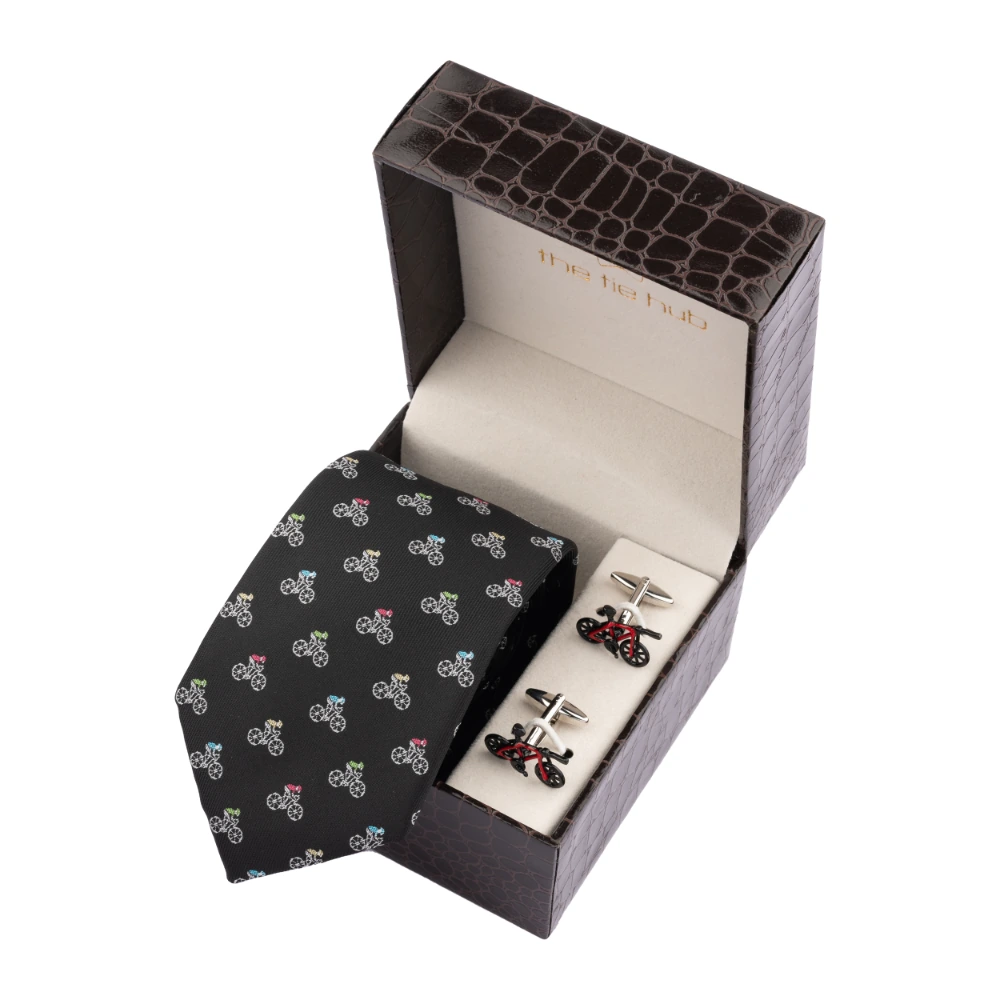 Black Bicycle Necktie with Cufflinks Combo Set for Men