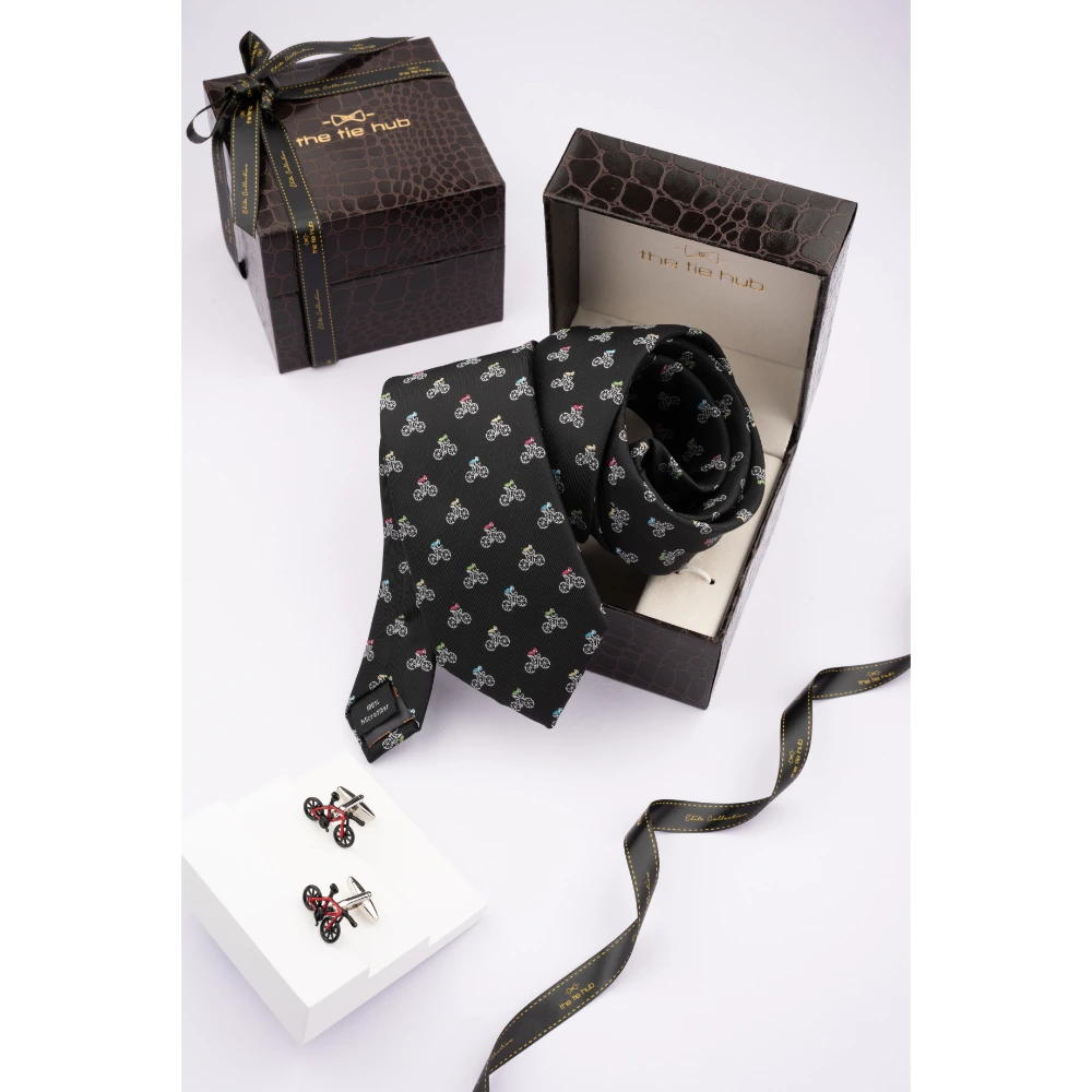 Black Bicycle Necktie with Cufflinks Combo Set for Men