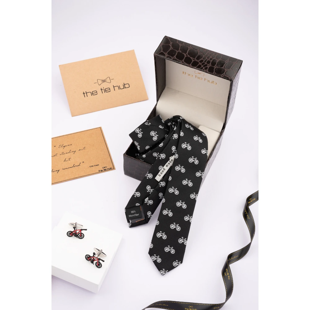 Black Slim Bicycle Necktie with Cufflinks Combo Set for Men