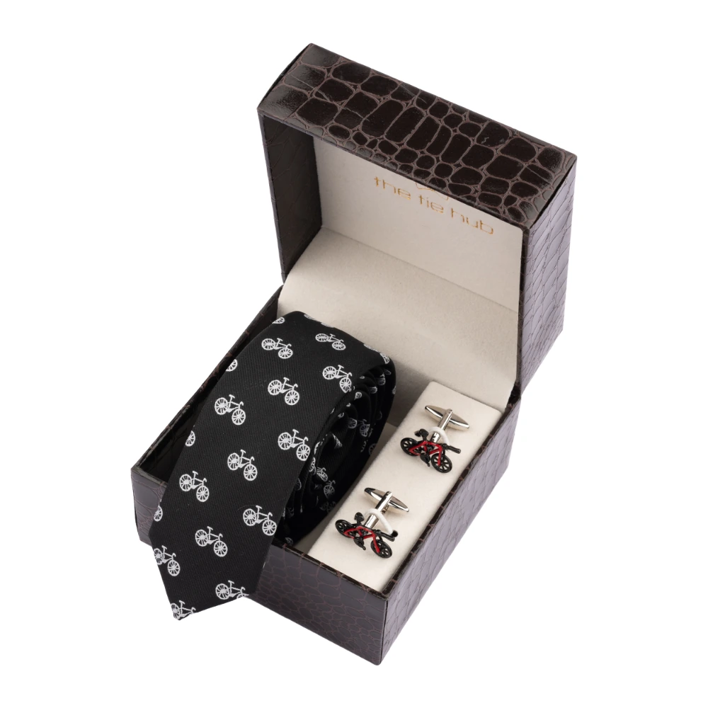 Black Slim Bicycle Necktie with Cufflinks Combo Set for Men