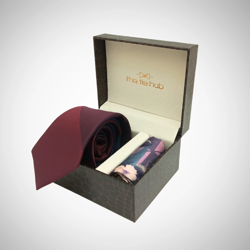 Perseus Checks Maroon Silk Necktie with Pocket Square Combo Set for Men
