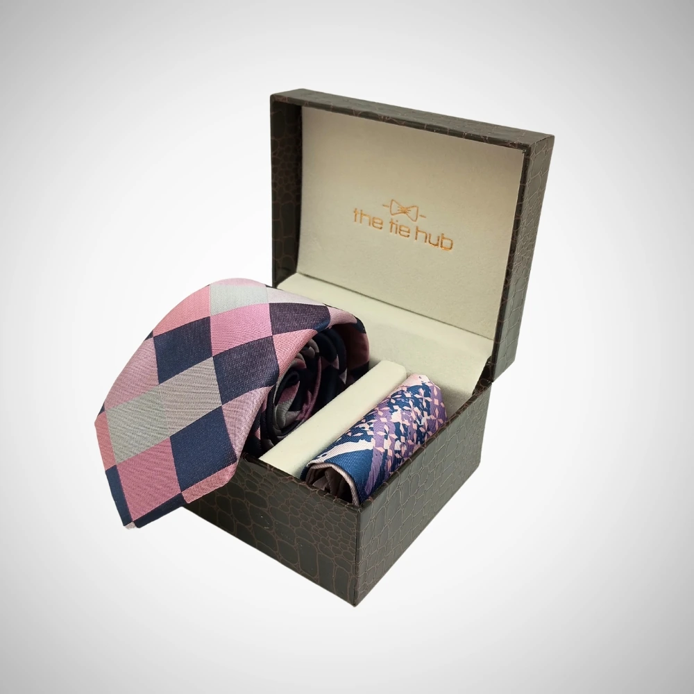 Asteria Checkered Pink Silk Necktie with Pocket Square Combo Set for Men