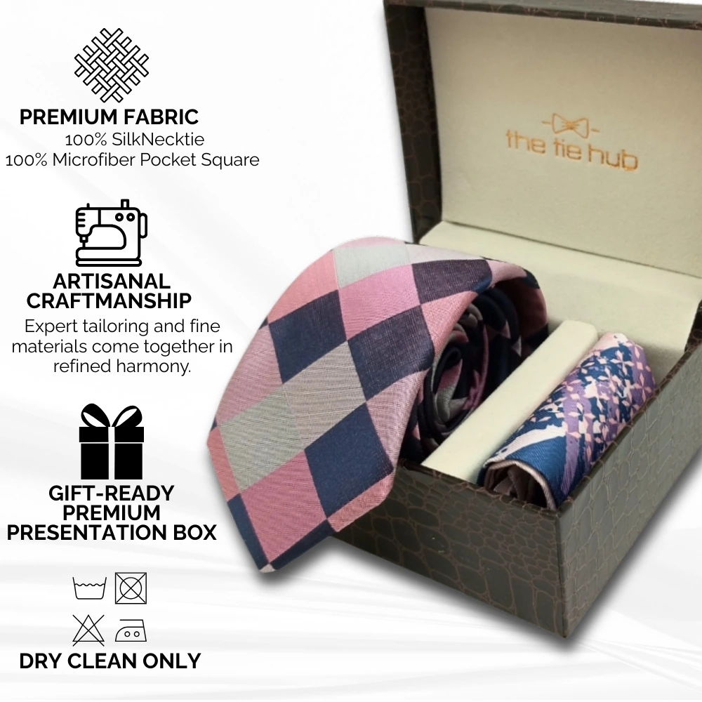 Asteria Checkered Pink Silk Necktie with Pocket Square Combo Set for Men
