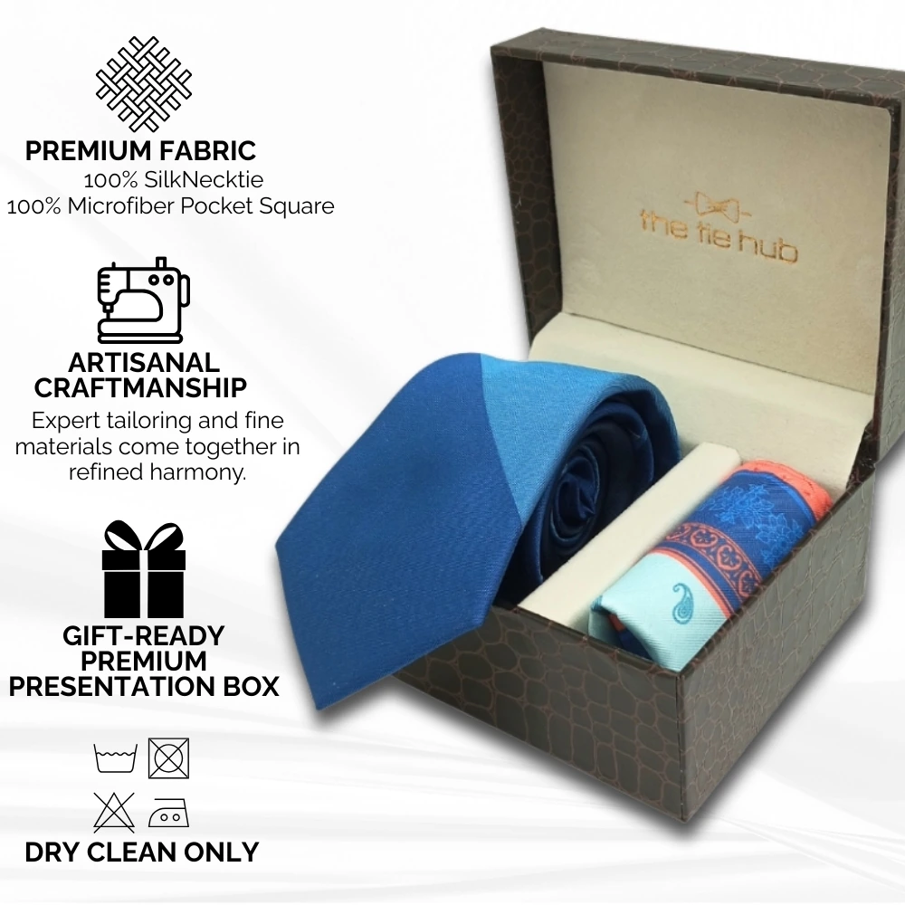 Perseus Blue Silk Necktie with Pocket Square Combo Set for Men