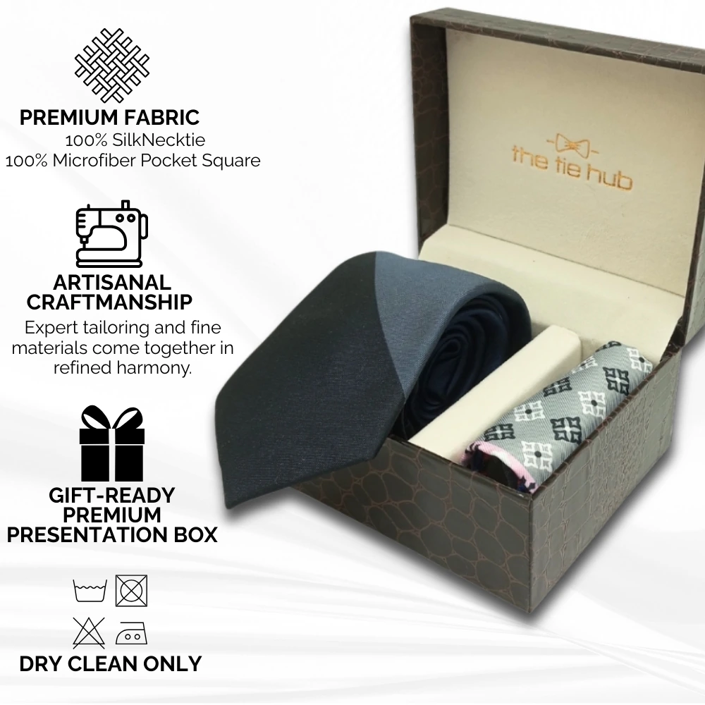 Perseus Black Silk Necktie with Pocket Square Combo Set for Men