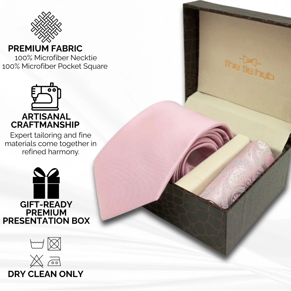 Solid Pink Microfiber Necktie with Pocket Square Combo Set for Men