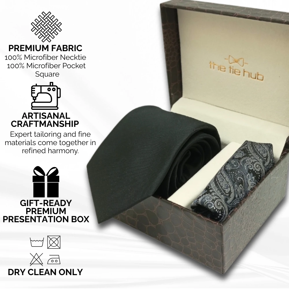 Solid Black Microfiber Necktie with Pocket Square Combo Set for Men