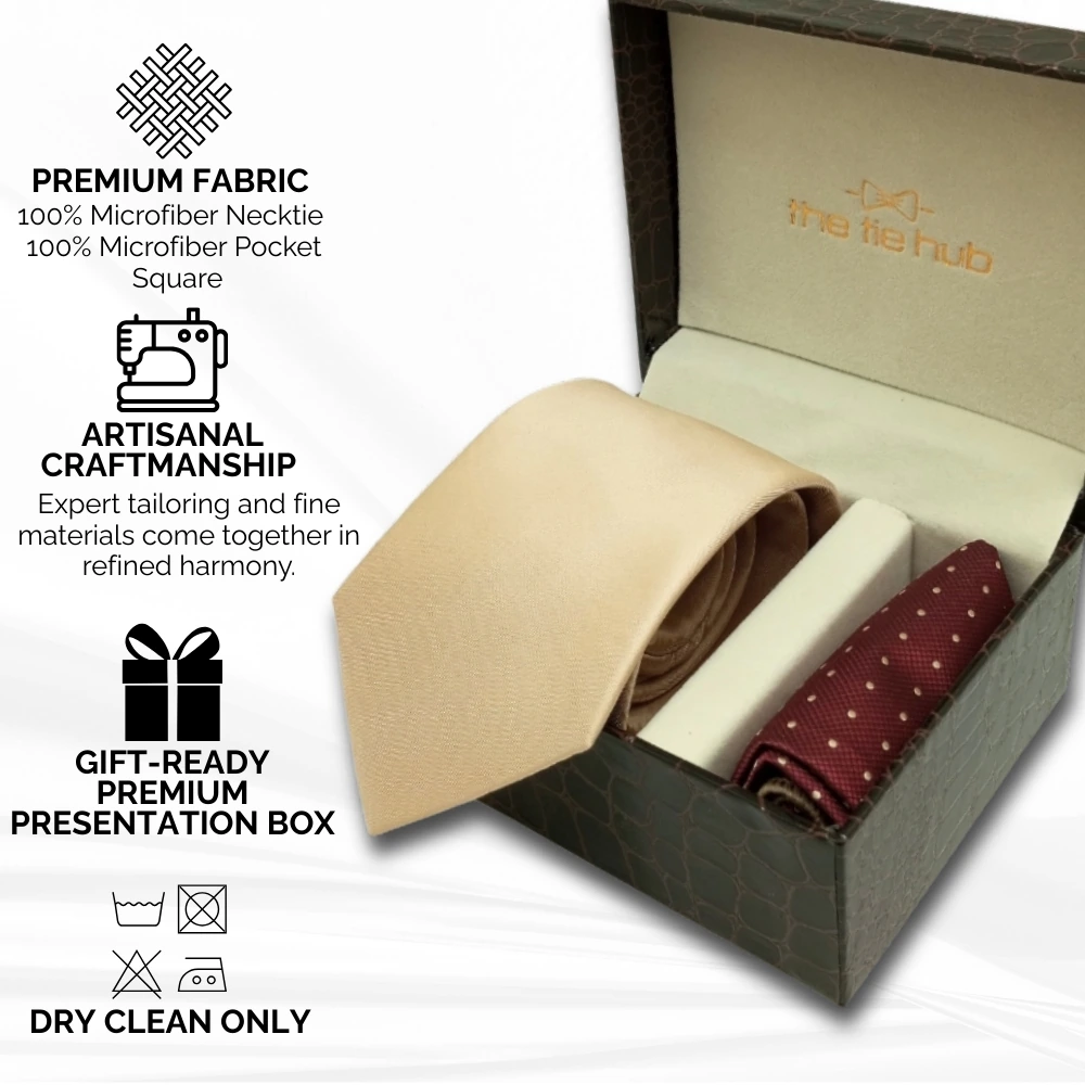 Solid Light Gold Microfiber Necktie with Pocket Square Combo Set for Men