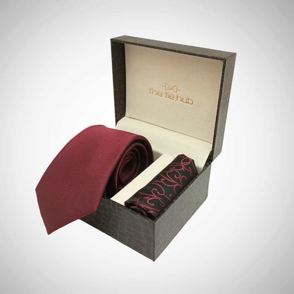 Solid Burgundy Microfiber Necktie with Pocket Square Combo Set for Men