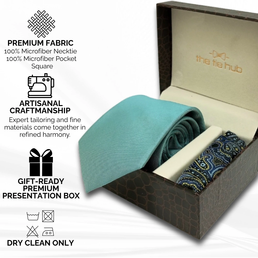 Solid Green Microfiber Necktie with Pocket Square Combo Set for Men