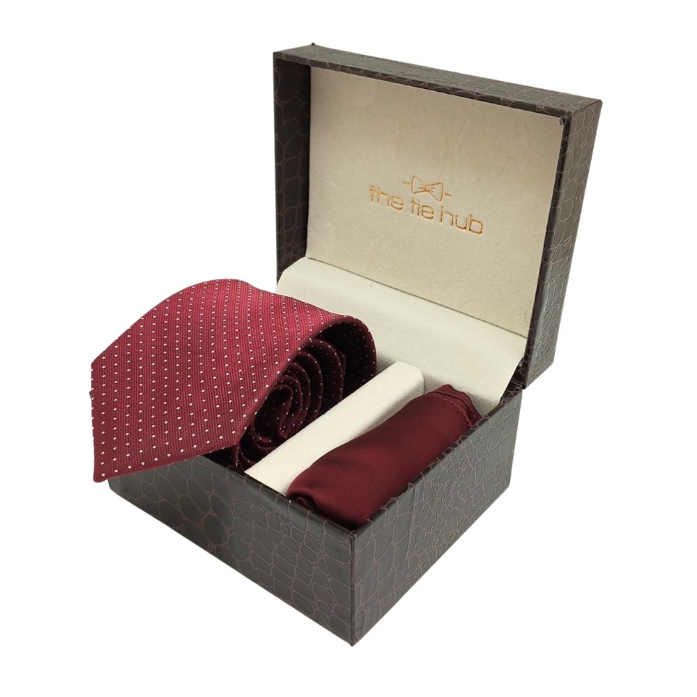 Maroon Polka Microfiber Necktie with Solid Pocket Square Combo Set for Men