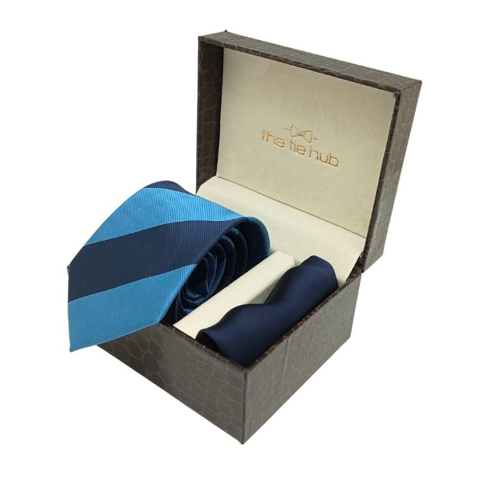 Blue Stripe Microfiber Necktie with Solid Pocket Square Combo Set for Men