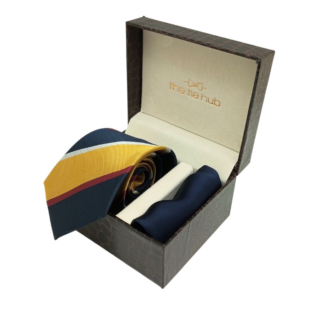 Yellow Stripe Microfiber Necktie with Solid Pocket Square Combo Set for Men