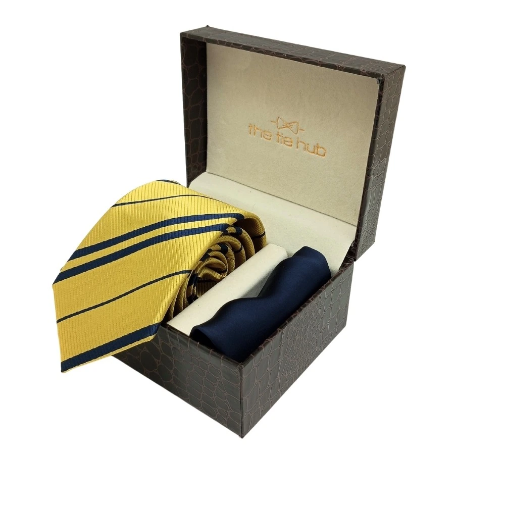 Yellow Stripe Microfiber Necktie with Solid Pocket Square Combo Set for Men