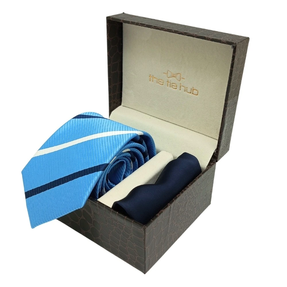 Sky Blue Stripe Microfiber Necktie with Solid Pocket Square Combo Set for Men