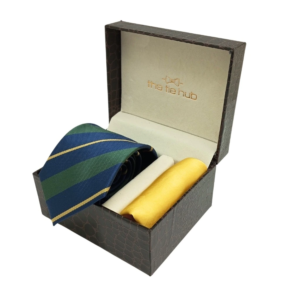 Green with Blue Stripe Microfiber Necktie with Solid Pocket Square Combo Set for Men