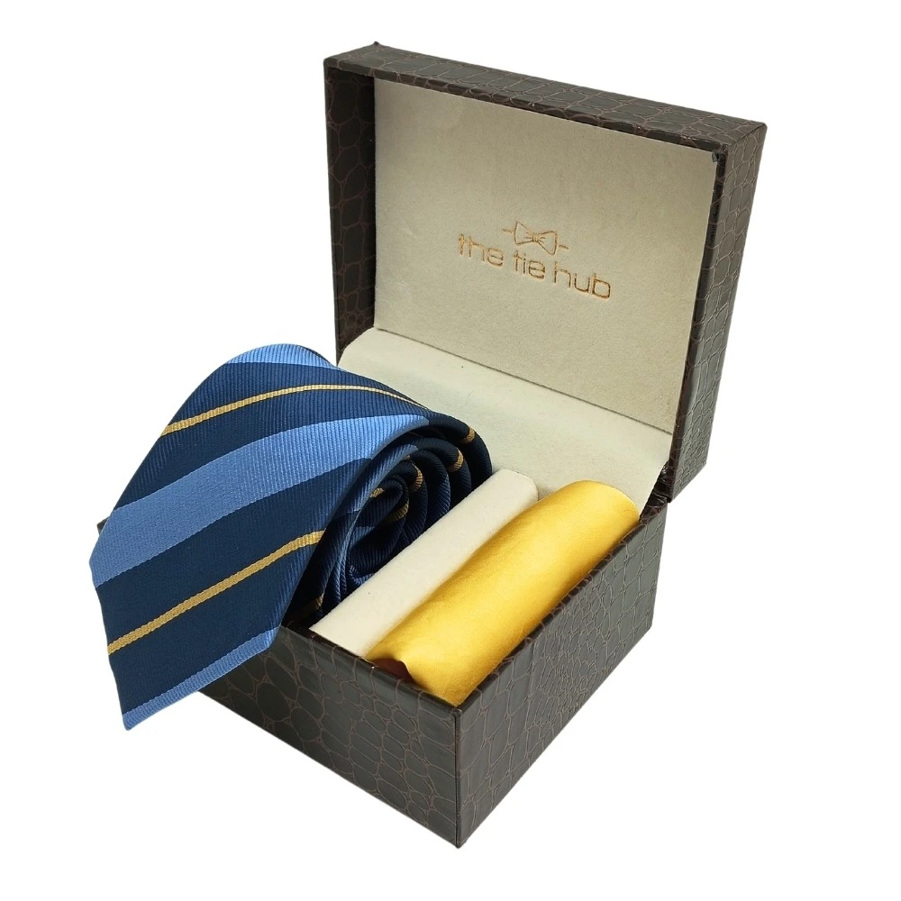 Blue Stripe Microfiber Necktie with Solid Pocket Square Combo Set for Men