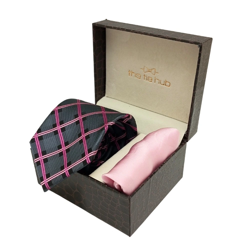 Grey with Pink Checkered Microfiber Necktie with Solid Pocket Square Combo Set for Men