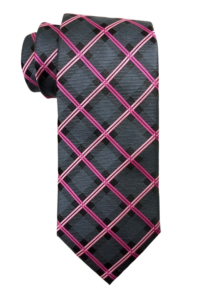 Grey with Pink Checkered Microfiber Necktie with Solid Pocket Square Combo Set for Men