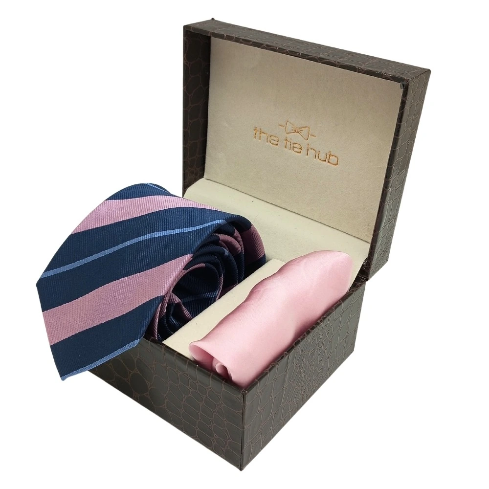 Pink with Blue Stripe Microfiber Necktie with Solid Pocket Square Combo Set for Men