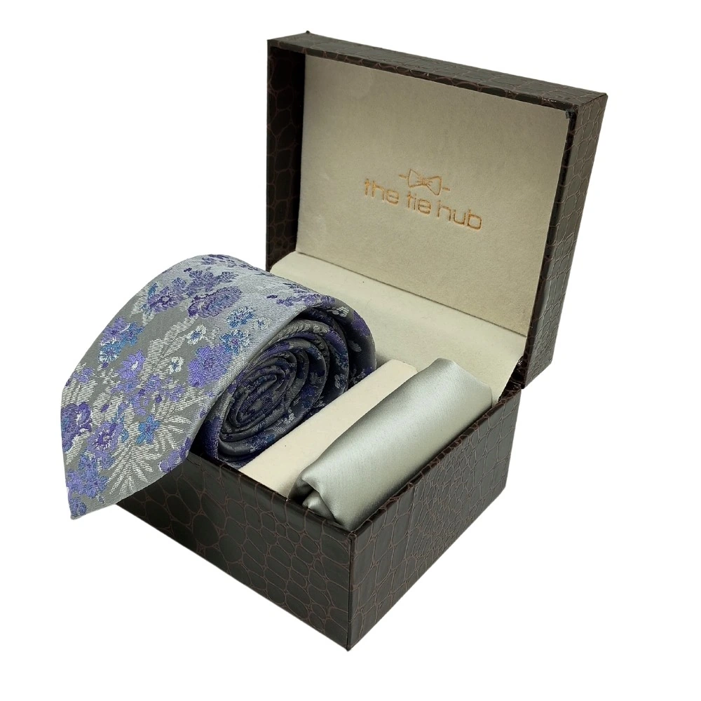 Purple Floral Microfiber Necktie with Solid Pocket Square Combo Set for Men