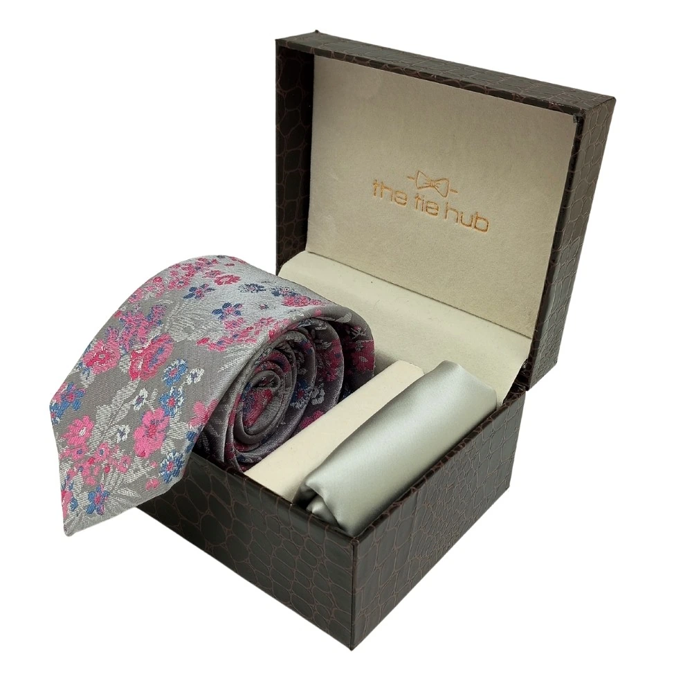 Pink Floral Microfiber Necktie with Solid Pocket Square Combo Set for Men