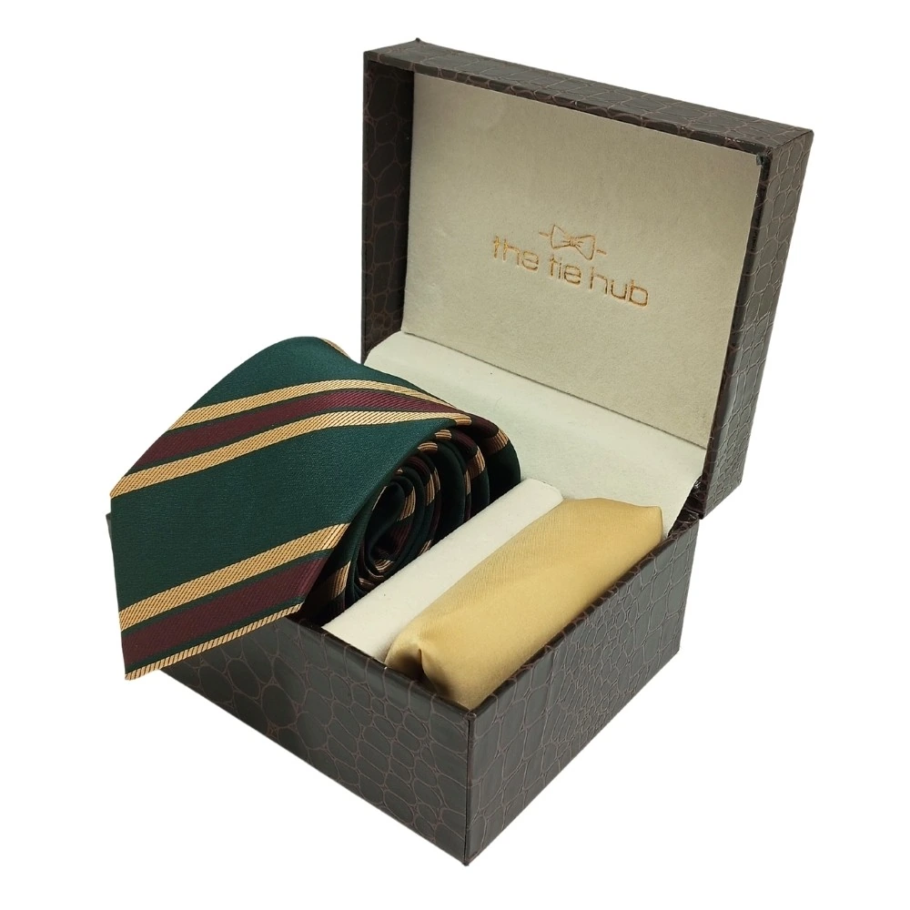 Green Stripe Microfiber Necktie with Solid Pocket Square Combo Set for Men