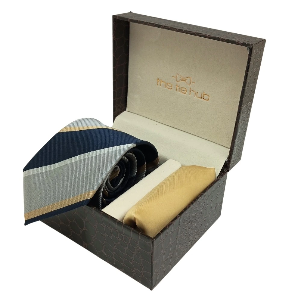 Grey Stripe Microfiber Necktie with Solid Pocket Square Combo Set for Men