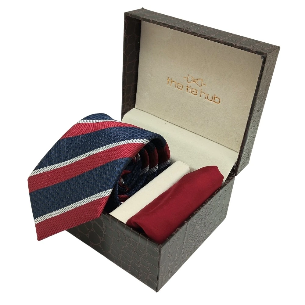 Navy Blue with Maroon Stripe Microfiber Necktie with Solid Pocket Square Combo Set for Men