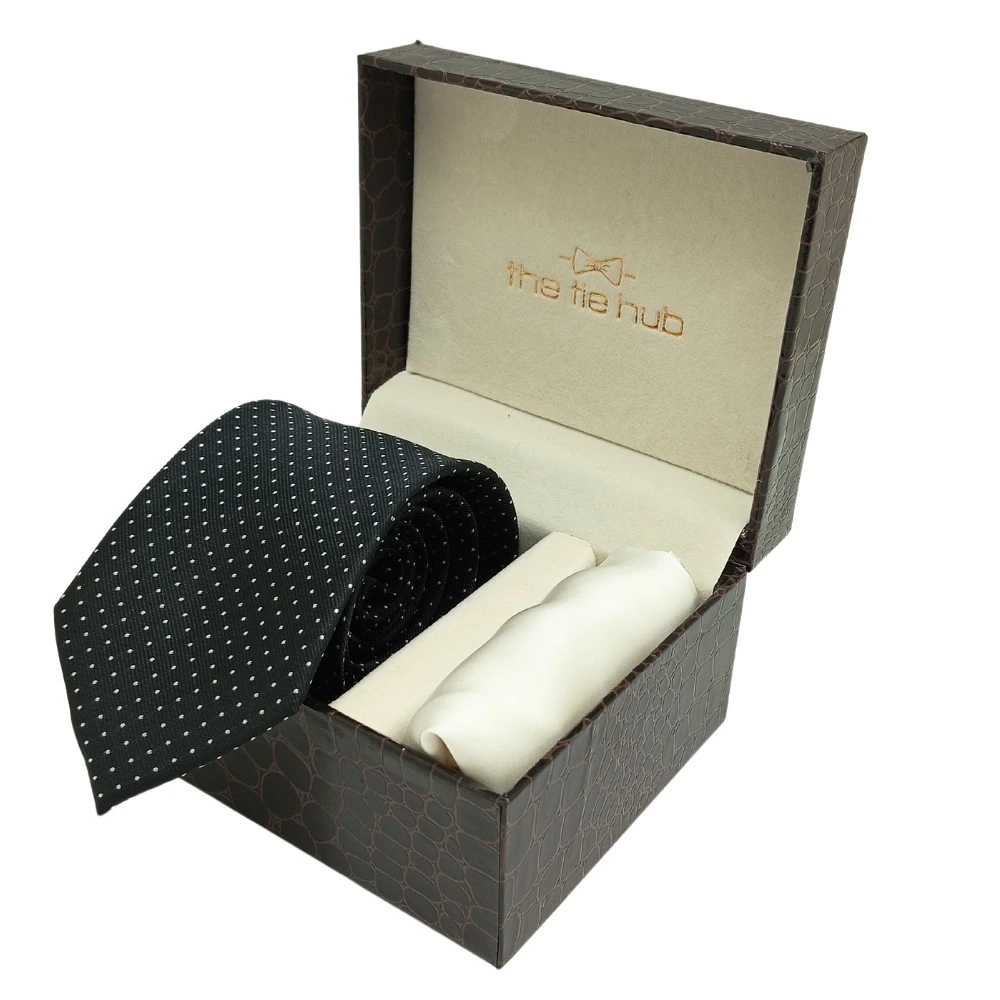 Black Polka Microfiber Necktie with Solid Pocket Square Combo Set for Men