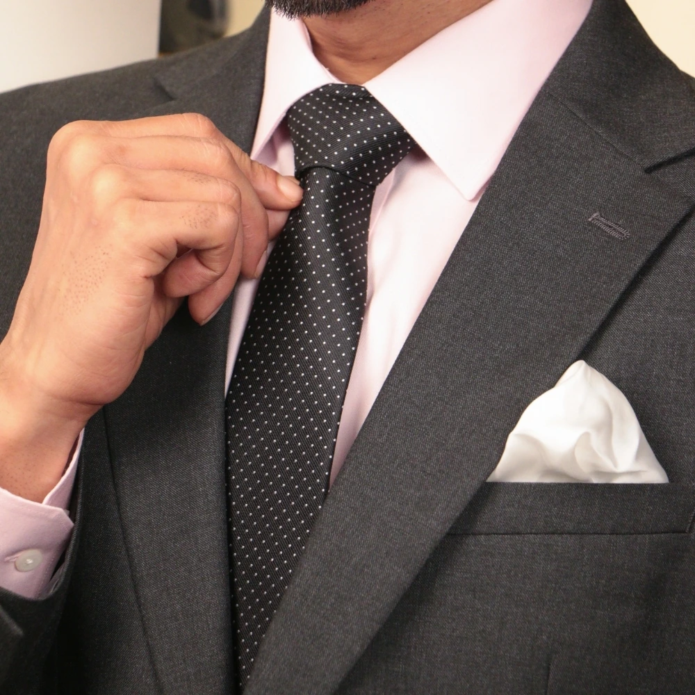 Black Polka Microfiber Necktie with Solid Pocket Square Combo Set for Men