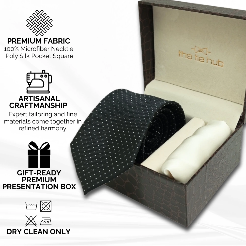 Black Polka Microfiber Necktie with Solid Pocket Square Combo Set for Men
