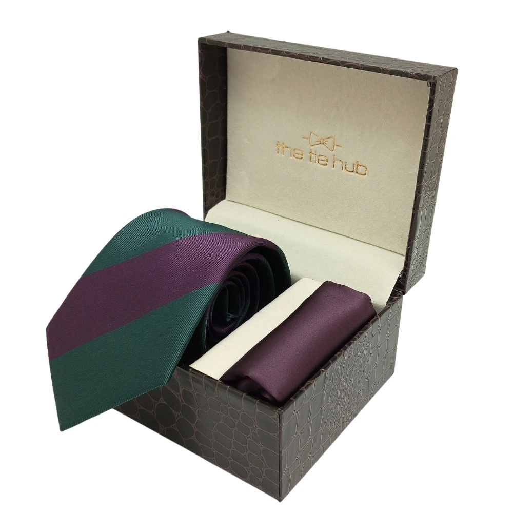 Green with Purple Stripe Microfiber Necktie with Solid Pocket Square Combo Set for Men