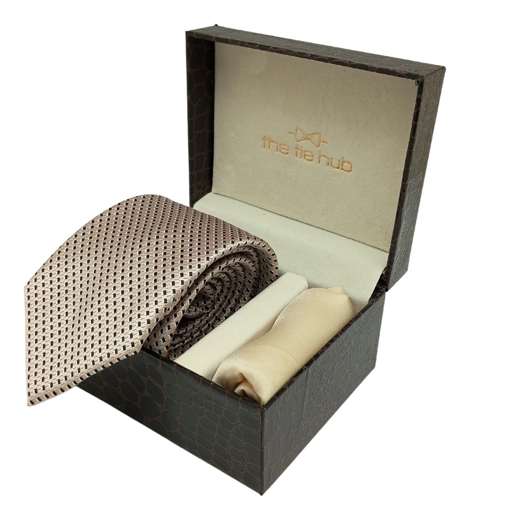 Beige Polka Microfiber Necktie with Solid Pocket Square Combo Set for Men