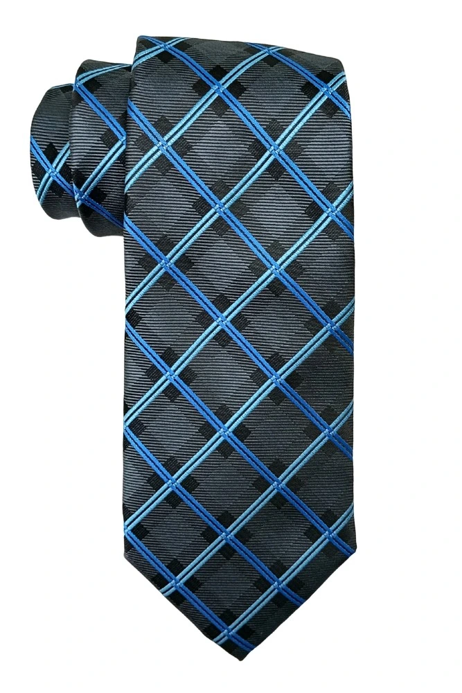 Grey with Blue Checkered Microfiber Necktie with Solid Pocket Square Combo Set for Men