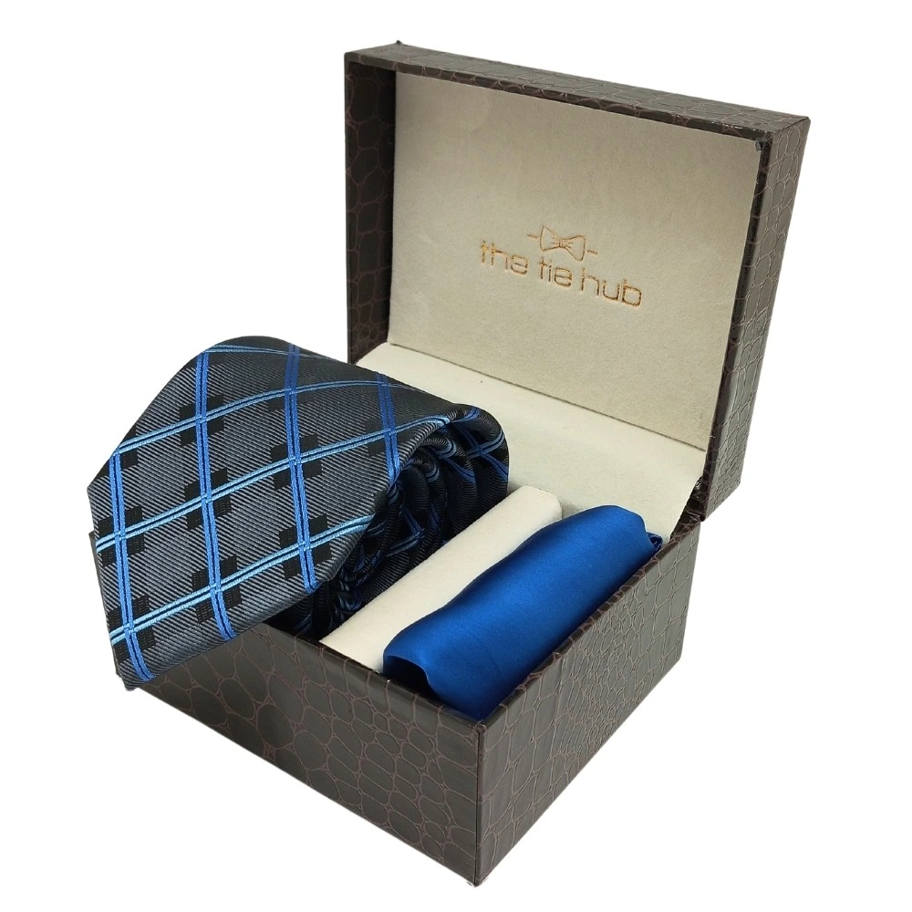 Grey with Blue Checkered Microfiber Necktie with Solid Pocket Square Combo Set for Men