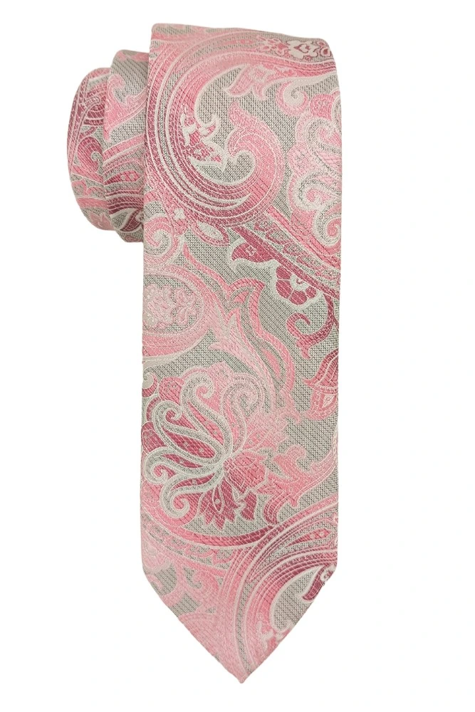 Pink Paisley Microfiber Necktie with Solid Pocket Square Combo Set for Men