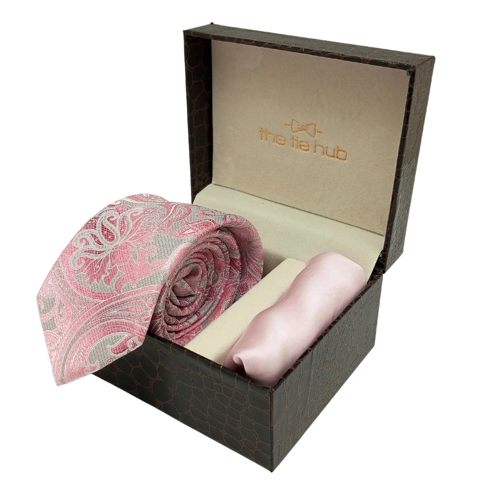 Pink Paisley Microfiber Necktie with Solid Pocket Square Combo Set for Men