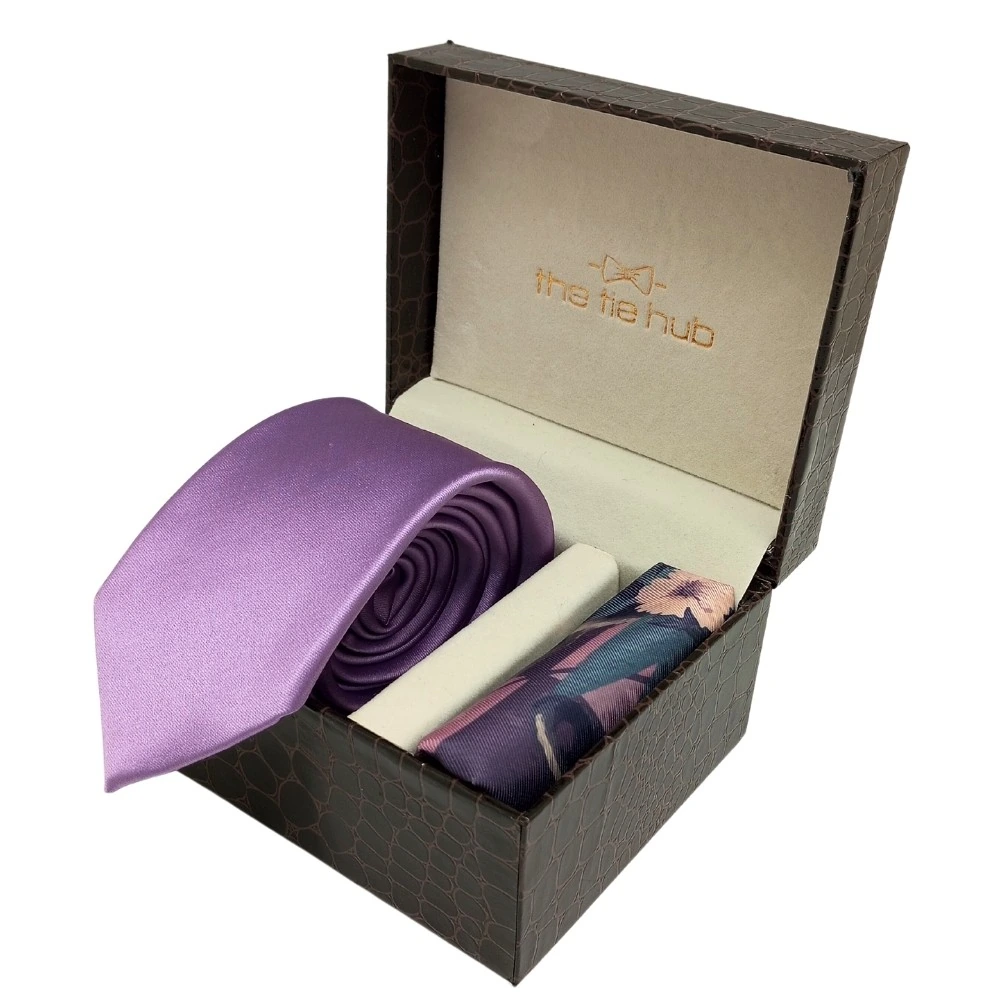 Solid Purple Microfiber Necktie with Pocket Square Combo Set for Men