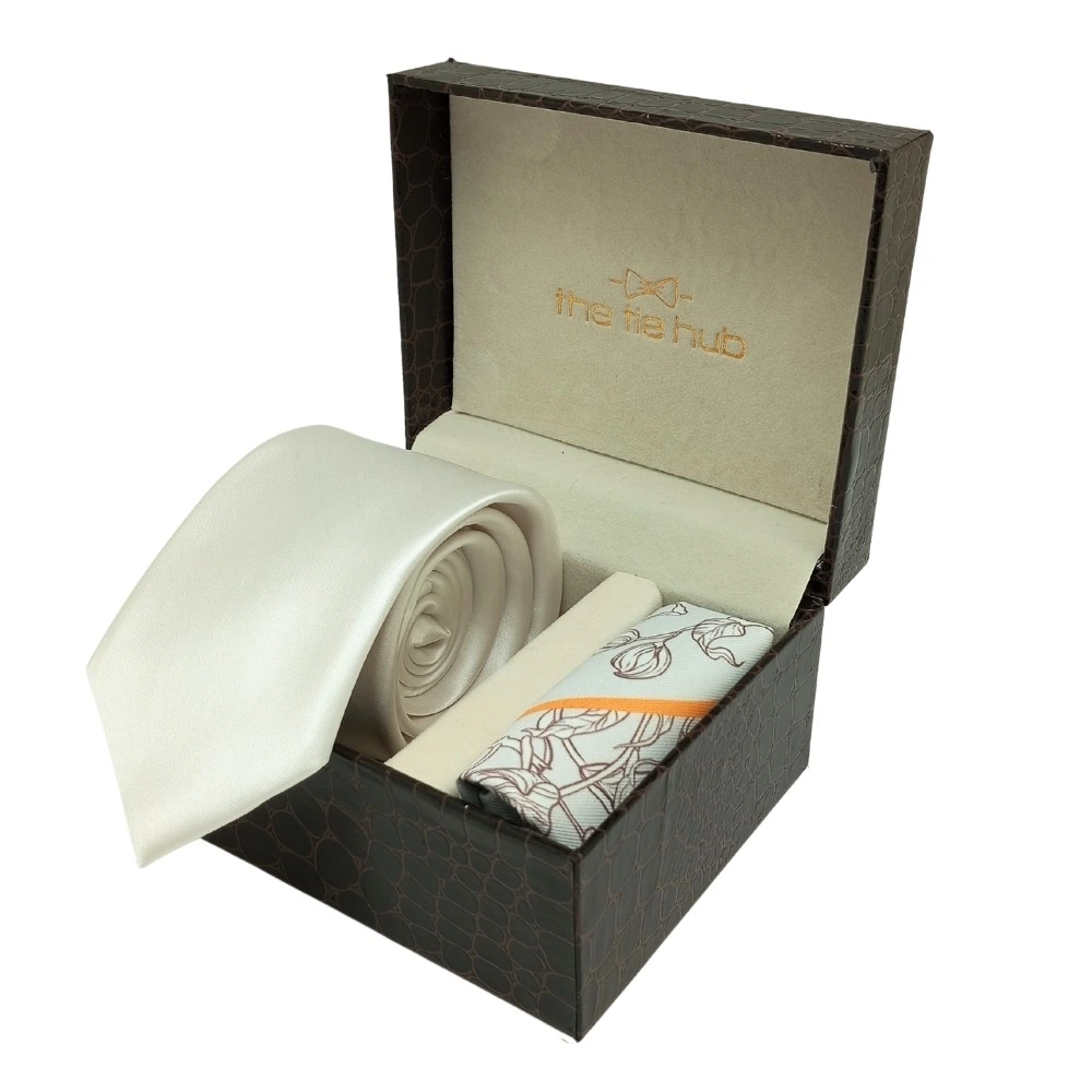 Solid Cream Microfiber Necktie with Pocket Square Combo Set for Men