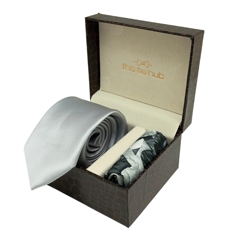 Solid Grey Microfiber Necktie with Pocket Square Combo Set for Men