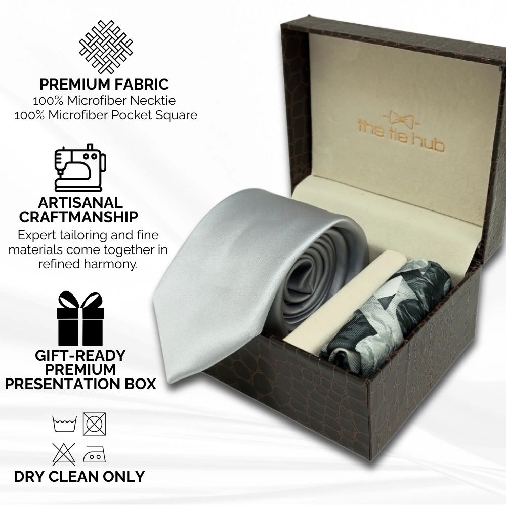 Solid Grey Microfiber Necktie with Pocket Square Combo Set for Men
