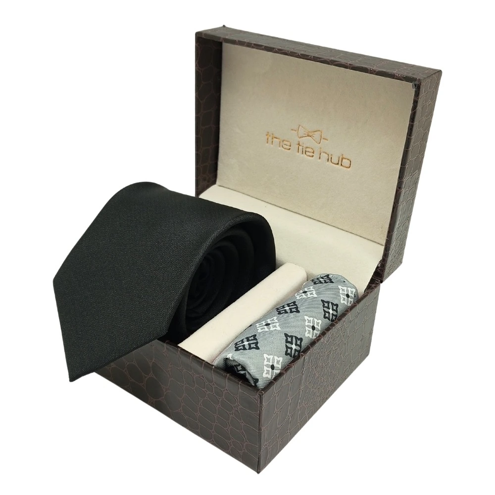 Solid Black Microfiber Necktie with Pocket Square Combo Set for Men