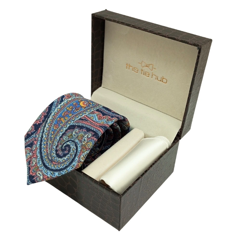 Blue Paisley Microfiber Necktie with Pocket Square Combo Set for Men