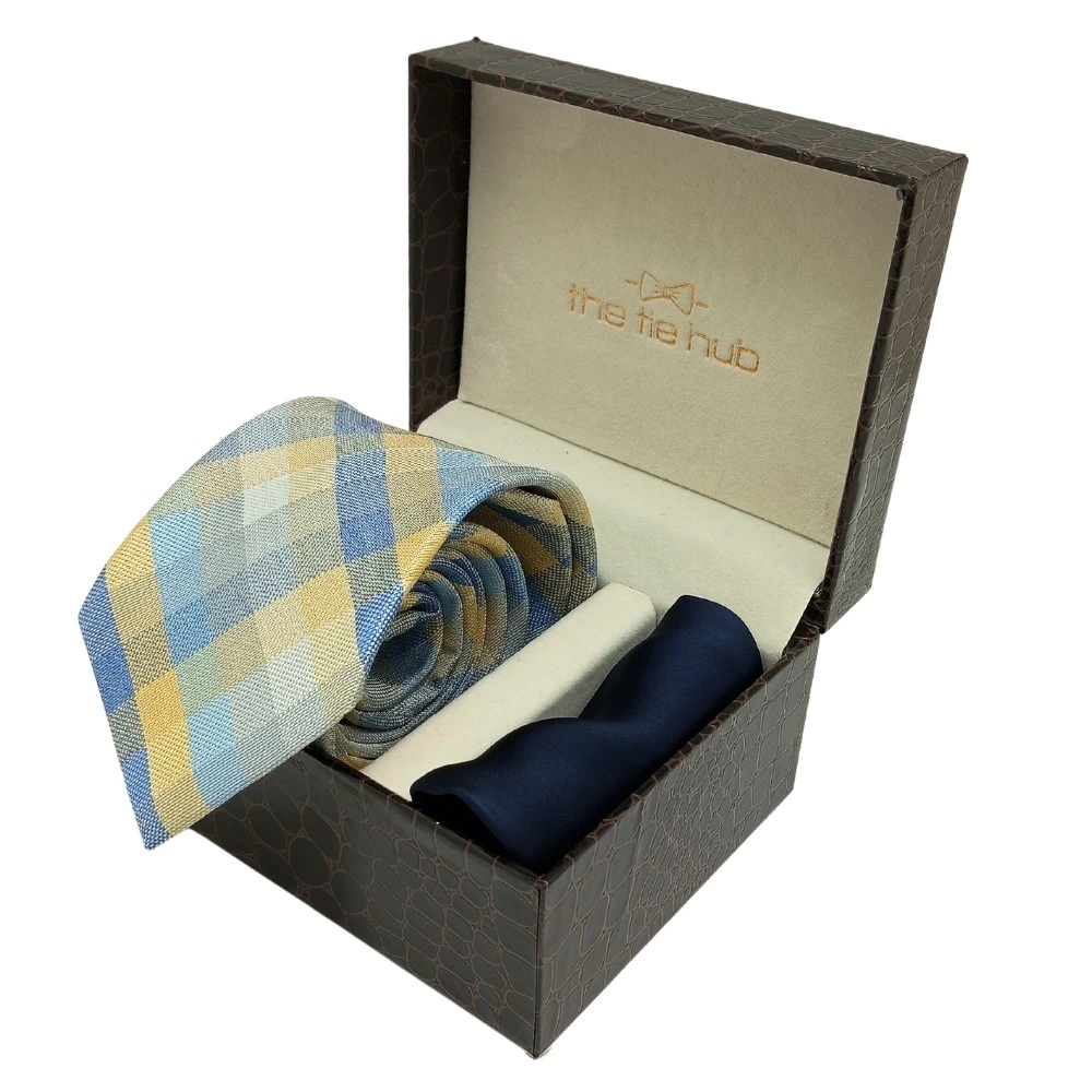 Yellow Checkered Microfiber Necktie with Solid Pocket Square Combo Set for Men