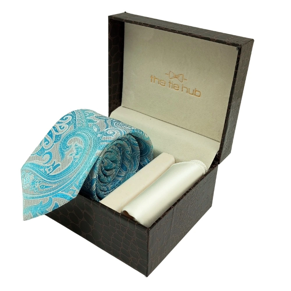 Sea Green Paisley Microfiber Necktie with Solid Pocket Square Combo Set for Men