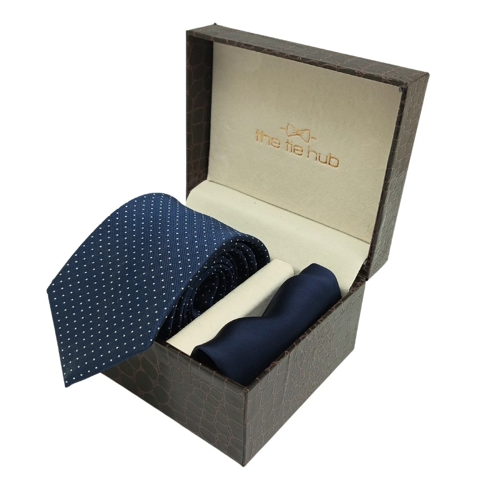 Navy Blue Polka Microfiber Necktie with Solid Pocket Square Combo Set for Men